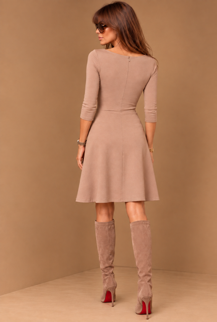 Abito LAURETTA mandorla con corpino aderente ed ampio scollo a collana e gonna a mezza ruota in Tecno wool stretch almond - immagine 2